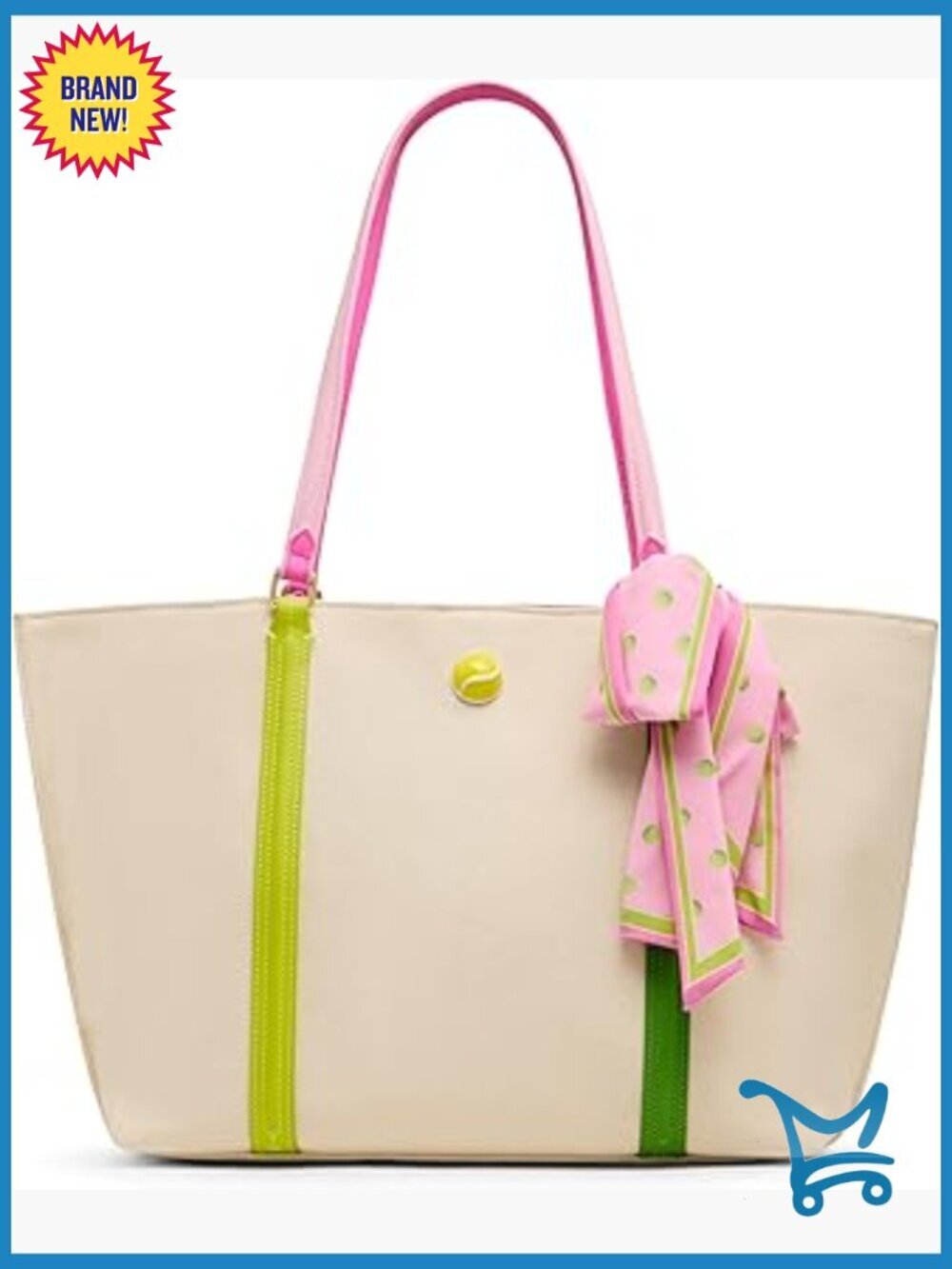 Canvas Tote Bag with Tennis Ball Detail, Zipper Compartment, Shoulder Straps